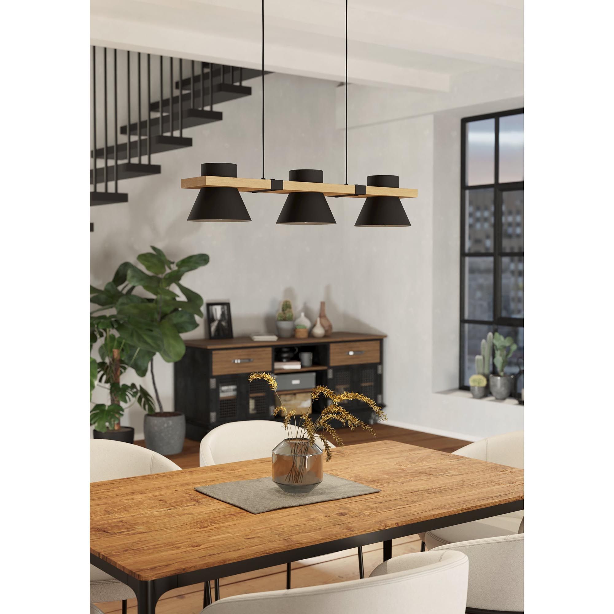 Suspension en métal noir et bois MACCLES E27 3X15W