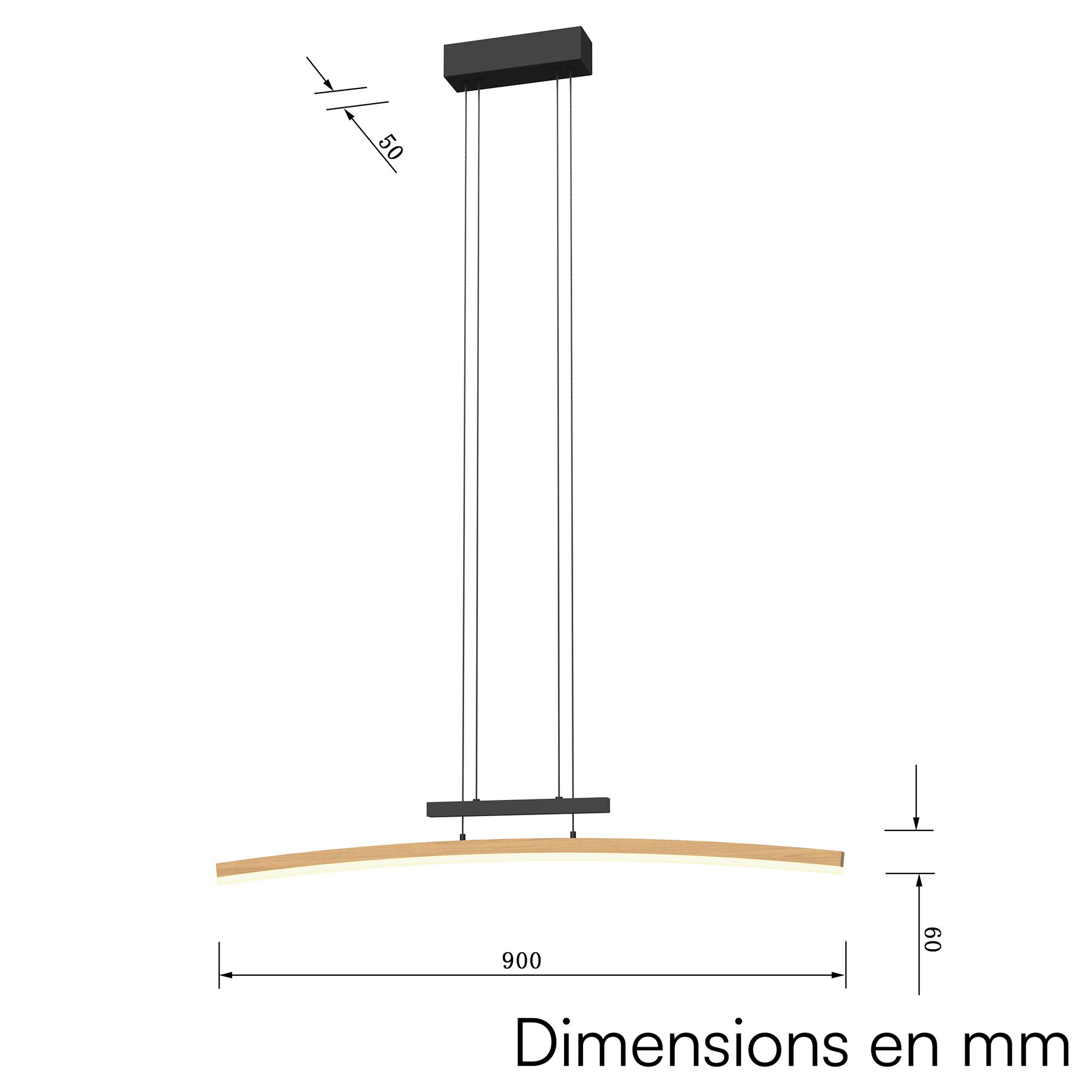 Suspension LED dimmable BOLOGNA noir/bois L90cm