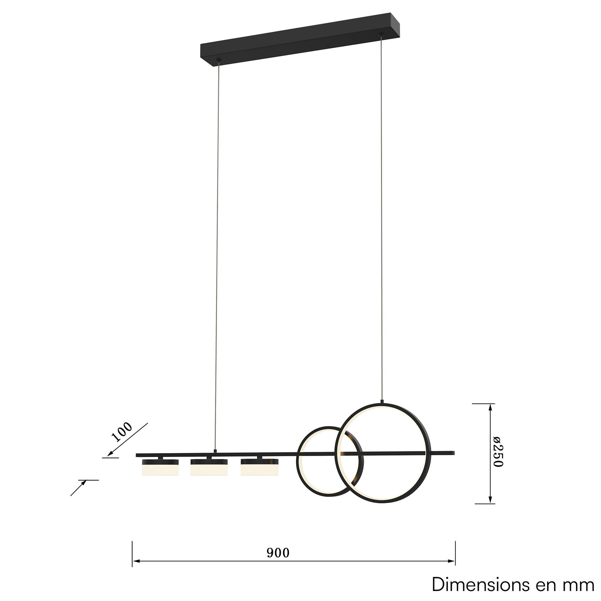 Suspension en métal noir MESSINA led intégrée 40W 4600 lumens 3000K Longueur 90 cm