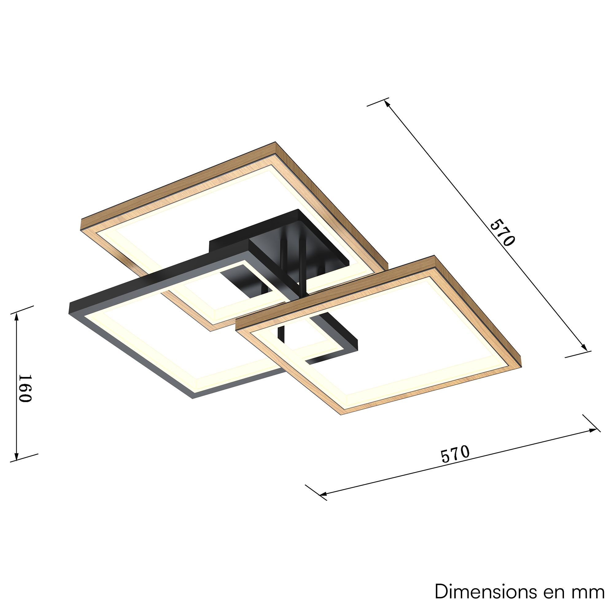 Plafonnier en métal noir et bois METERA led intégrée 40W 4600 lumens 3000K