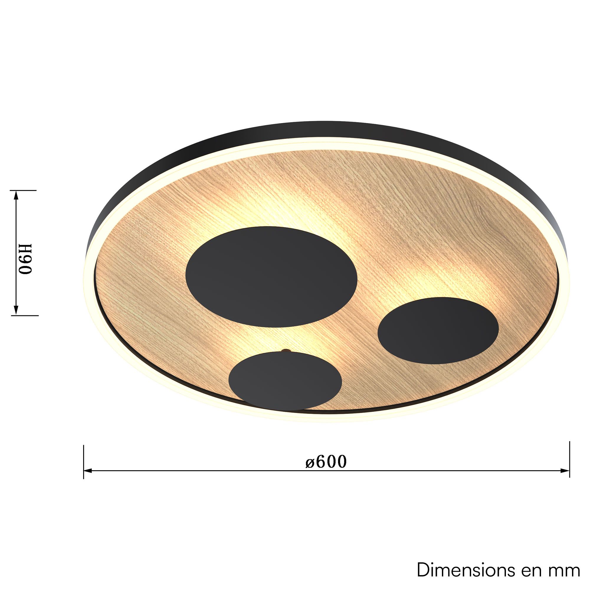 Plafonnier LED dimmable REIMS en métal noir et bois D60cm