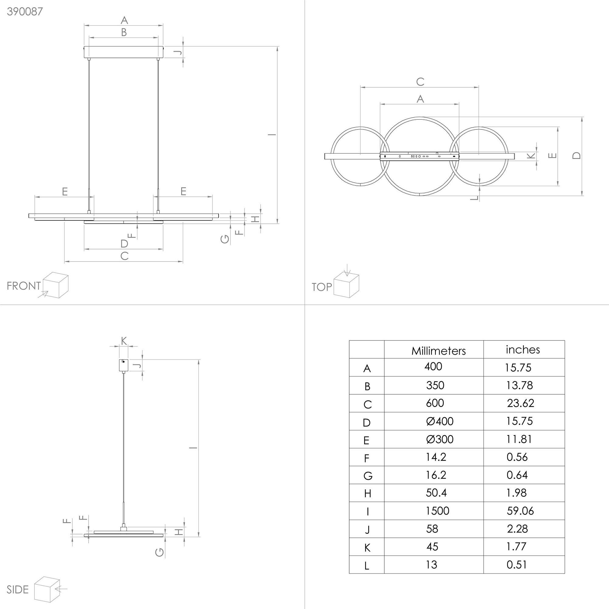 Suspension métal noir LANACERA LED INT 3X12,5W