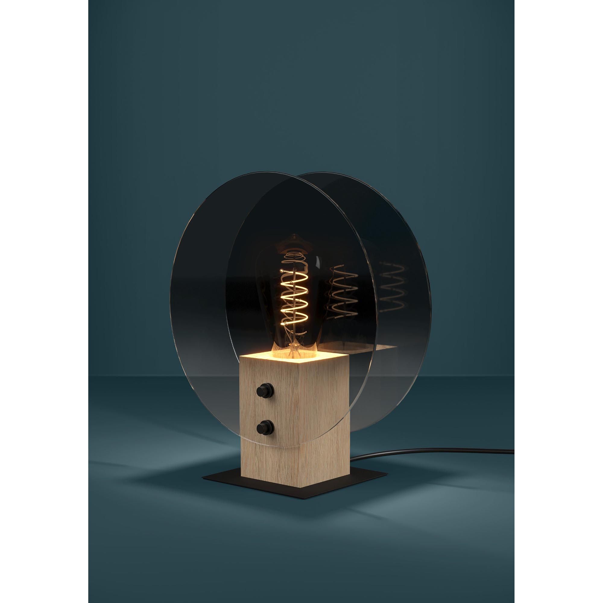 Lampe à poser MILLENA noir/bois et verres fumées HT25CM