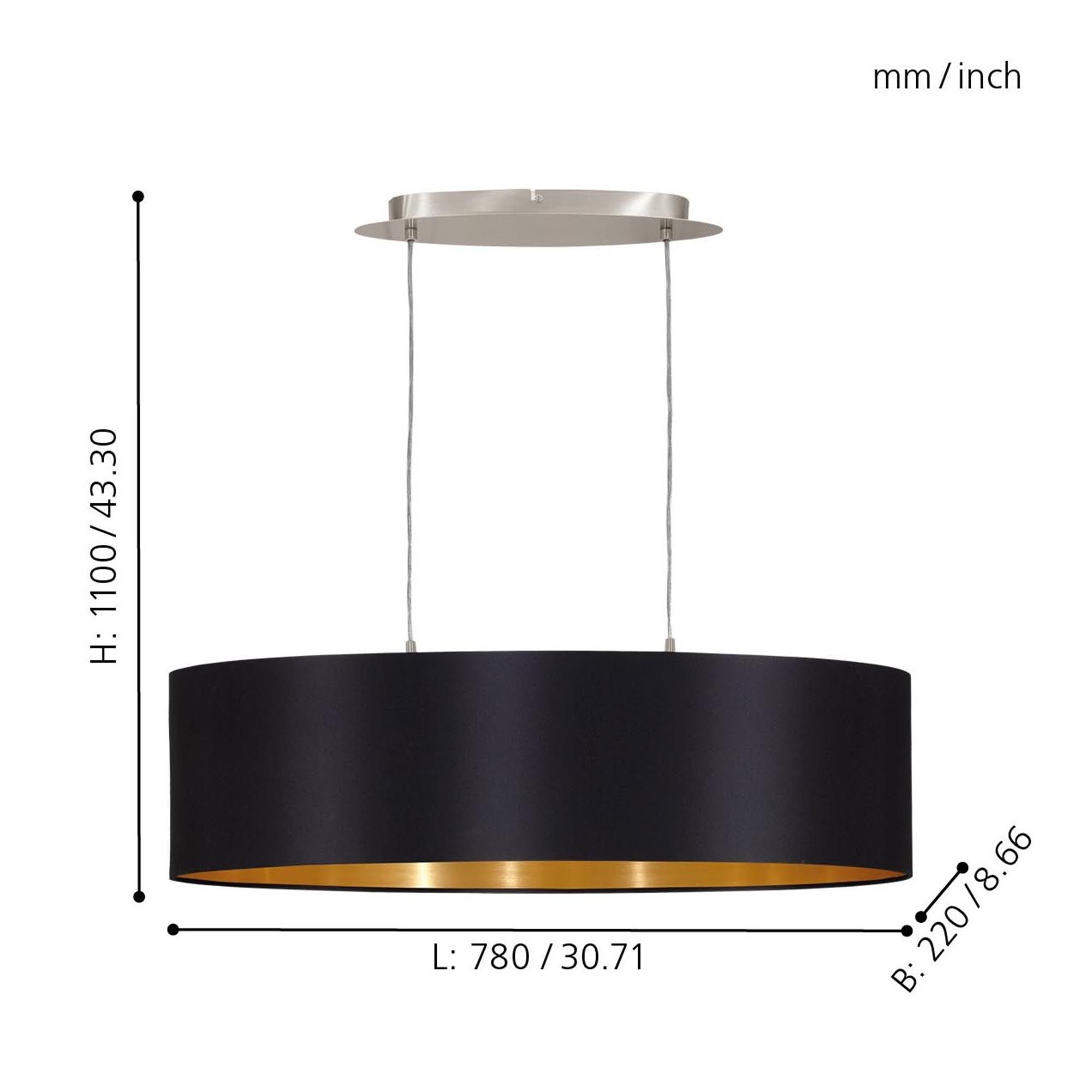 Suspension tissu noir MASERLO L78CM E27 2X60W