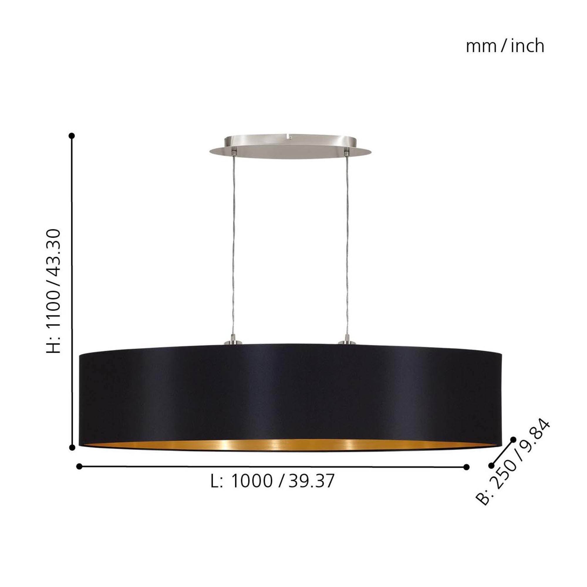 Suspension tissu noir MASERLO L100CM E27 2X60W