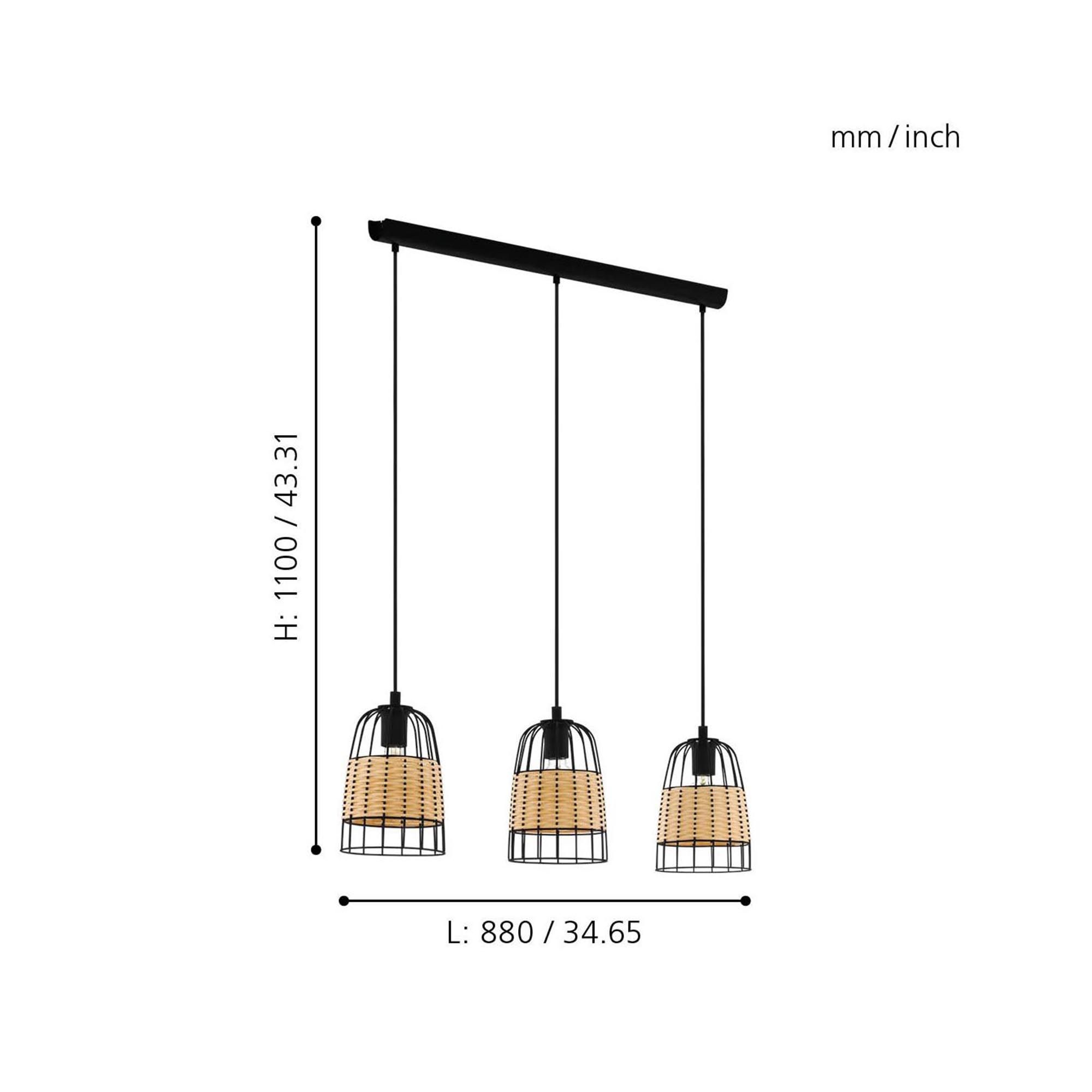 Suspension métal naturel ANWICK Barre 3 E27 3X40W