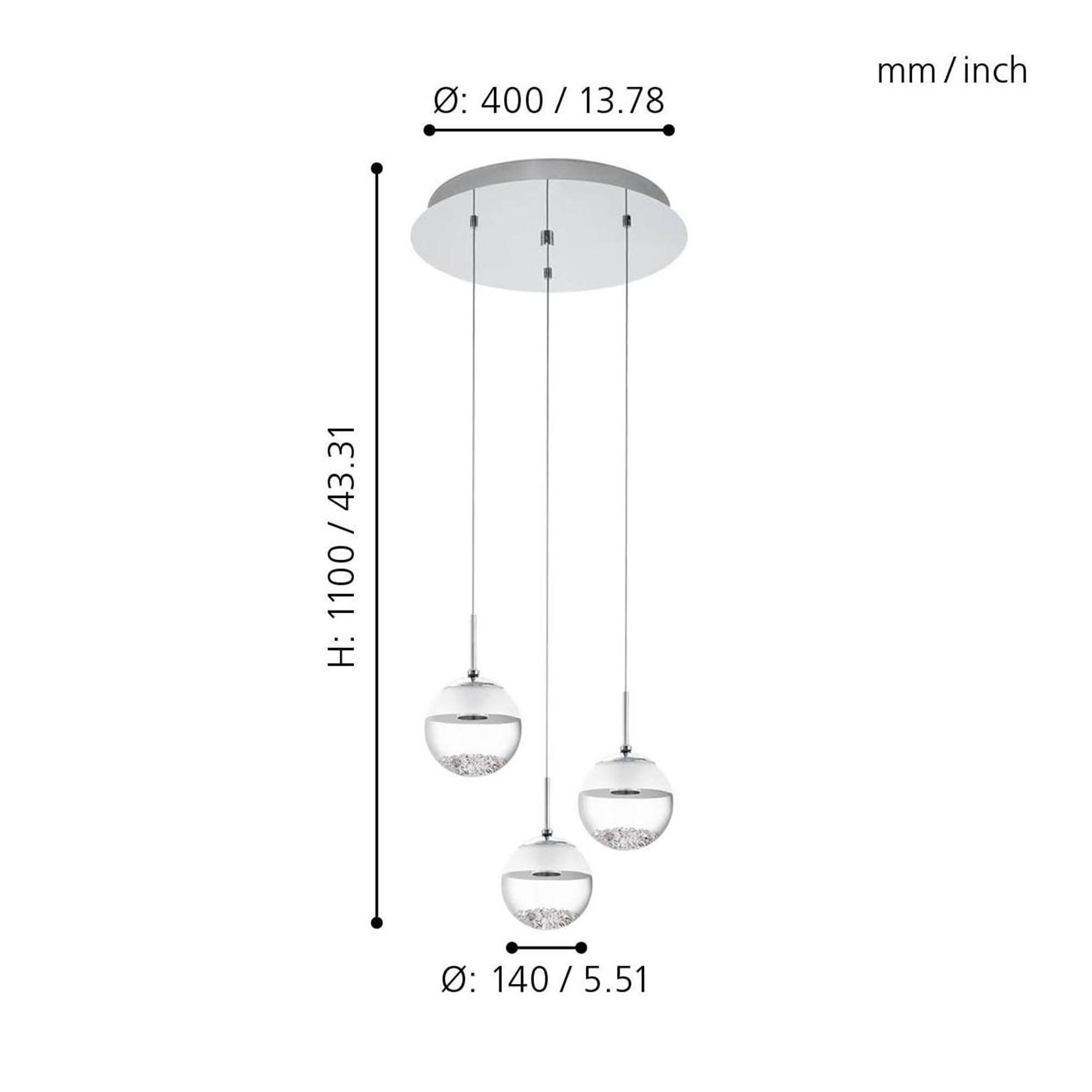 Suspension verre argenté MONTEFIO 1 cascade 3 LED INT 3X5W