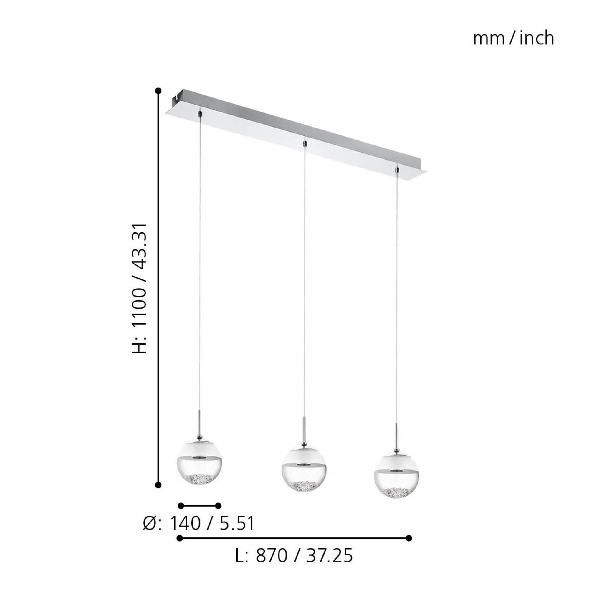 Suspension verre argenté MONTEFIO 1 barre 3 LED INT 3X5W