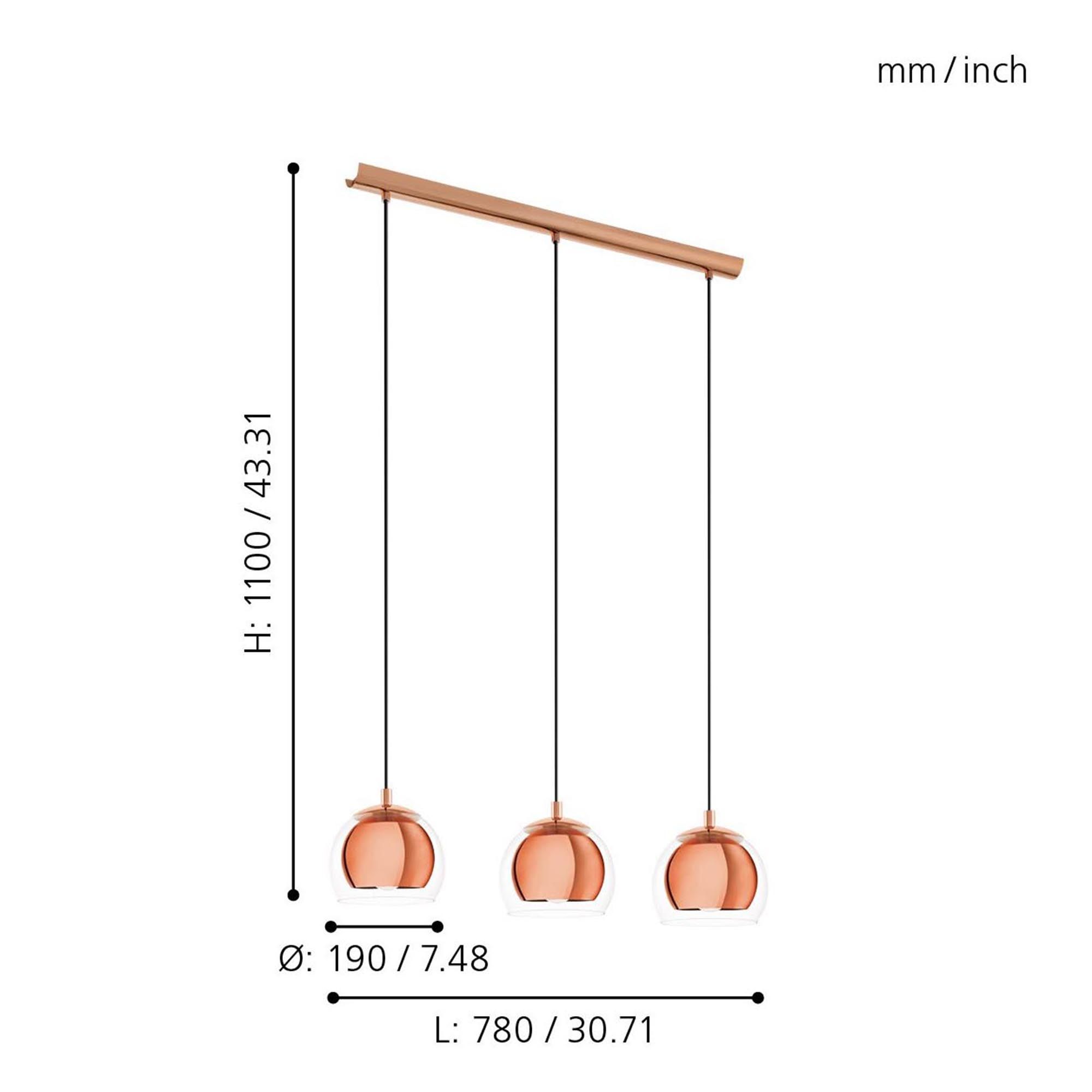 Suspension verre cuivre ROCAMAR E27 3X40W