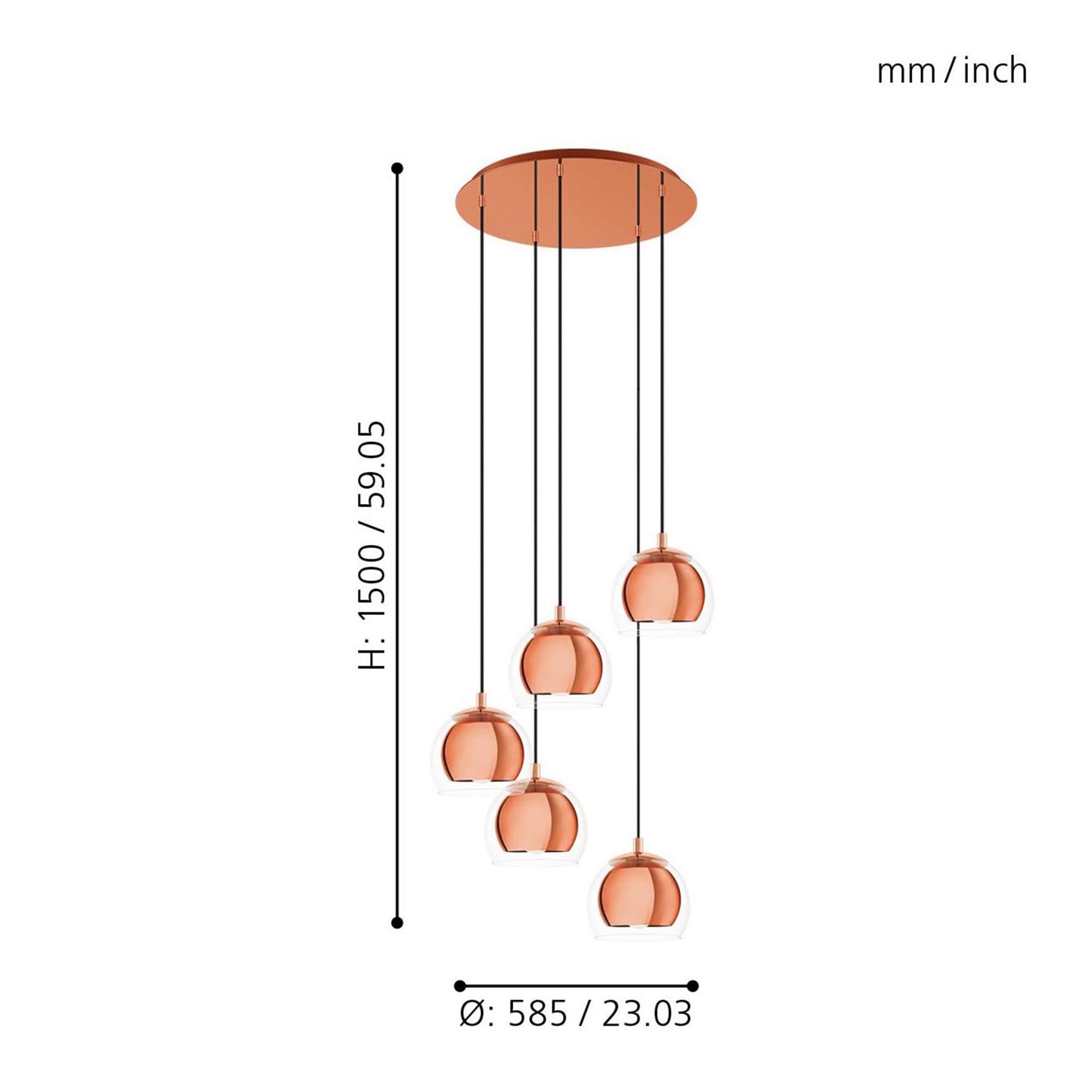 Suspension verre cuivre ROCAMAR 1 E27 5X28W