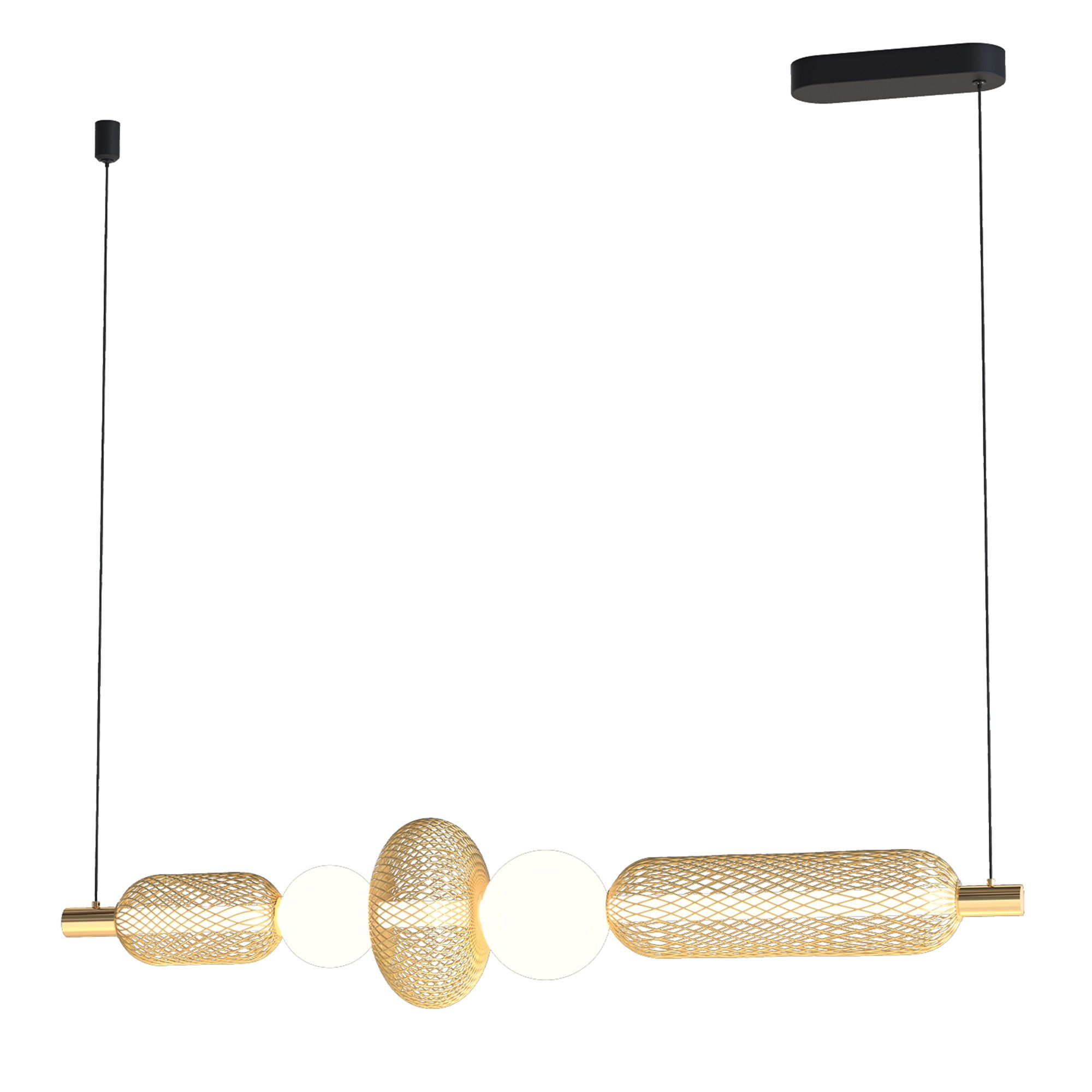 Suspension LED dimmable ERCALTO noir/doré et verre opalin L115cm