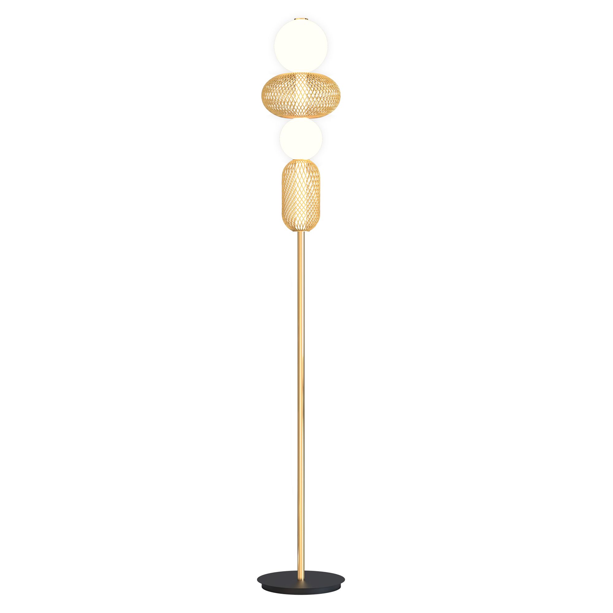 Lampadaire LED dimmable ERCALTO noir/doré et Verreries Opales HT180cm